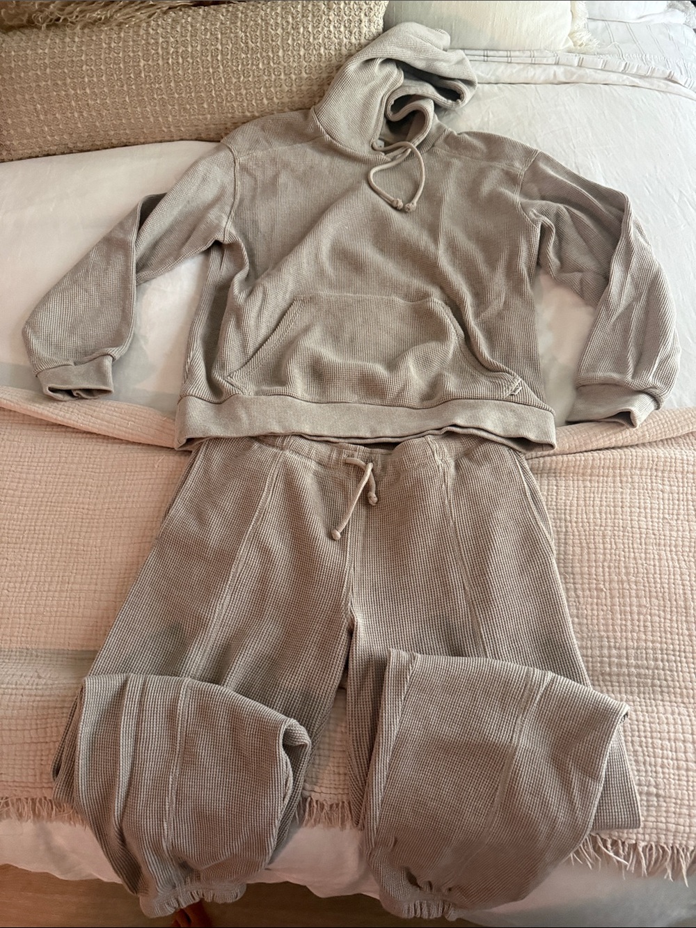 TNA Waffle-Knit Hoodie & Drawstring Joggers in Light Beige